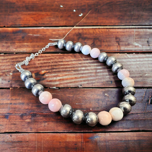 8mm Sterling Silver Pearls bracelet with pink conch beads - 6 inch bracelet - Cowhide and Conchos