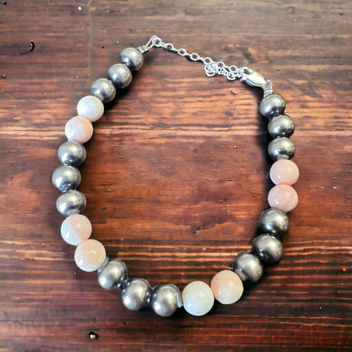 8mm Sterling Silver Pearls bracelet with pink conch beads - 6 inch bracelet - Cowhide and Conchos