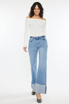 Kan Can Mid Rise Wide Flare Cuff Jeans