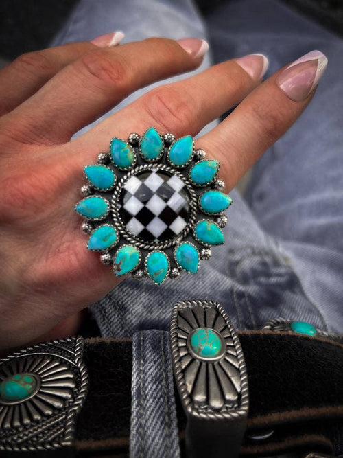 Turquoise & Checkered Sunflower Ring - Size 7 to 8 adjustable