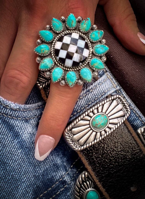 Turquoise & Checkered Sunflower Ring - Size 7 to 8 adjustable