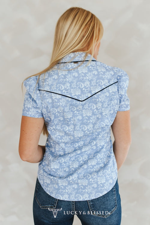 Blue Western Printed Puff Sleeve Pearl Snap Button Down Shirt