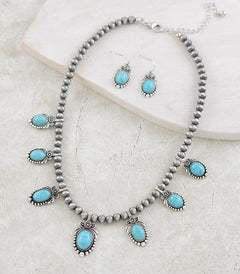 Faux Silver Pearl and Turquoise Necklace Set