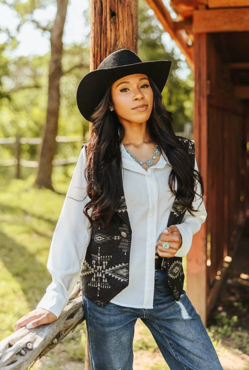Black Aztec Wool Blend Concho Button Vest