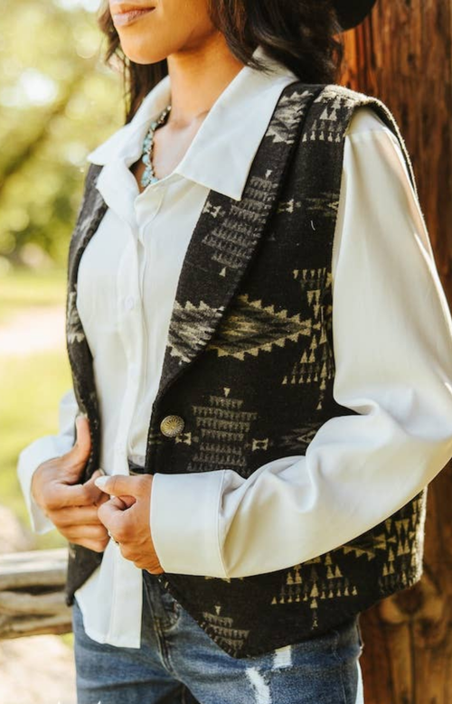 Black Aztec Wool Blend Concho Button Vest
