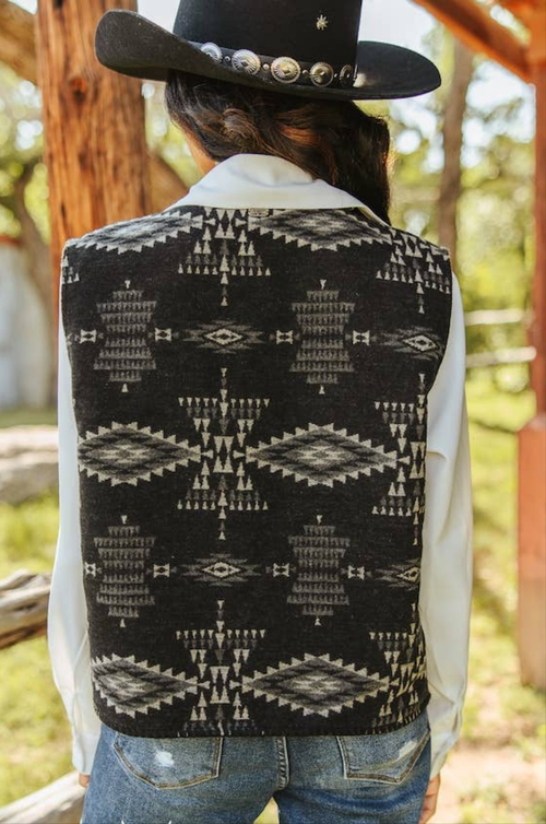 Black Aztec Wool Blend Concho Button Vest
