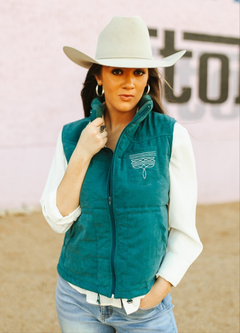 Teal Puffer W Aztec Lining Boot Stitch Detail Vest