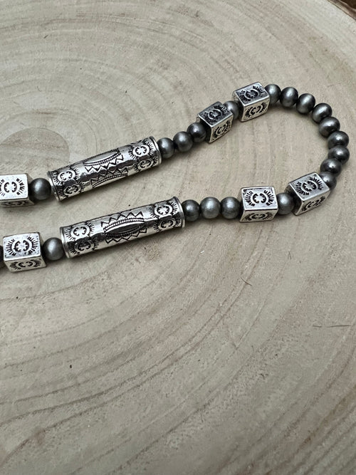 Western Navajo Style Pearl and Aztec Barrel Bead Necklace  - 30 inch
