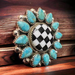 Turquoise & Checkered Sunflower Ring - Size 7 to 8 adjustable