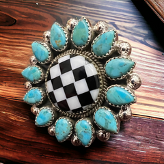 Turquoise & Checkered Sunflower Ring - Size 7 to 8 adjustable