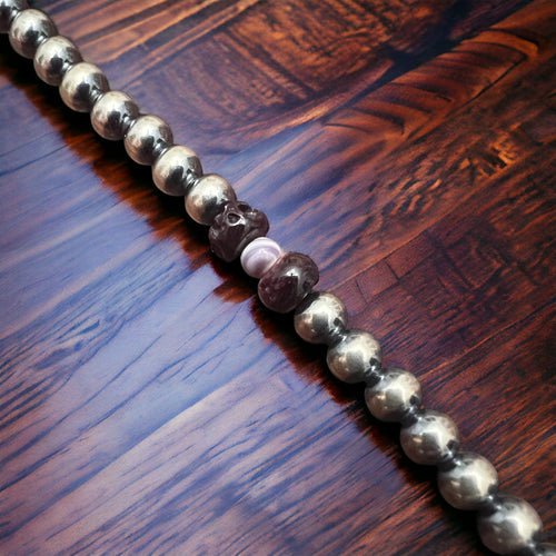 5mm Sterling Silver Pearls Necklace with Purple Spiny & Wampum Shell - 18-Inch