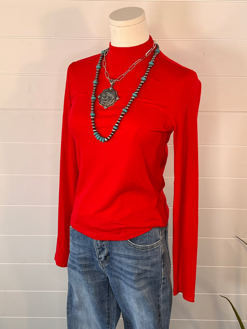 Ribbed Long Sleeve Mock Neck Top - Red, Teal, Black and brown