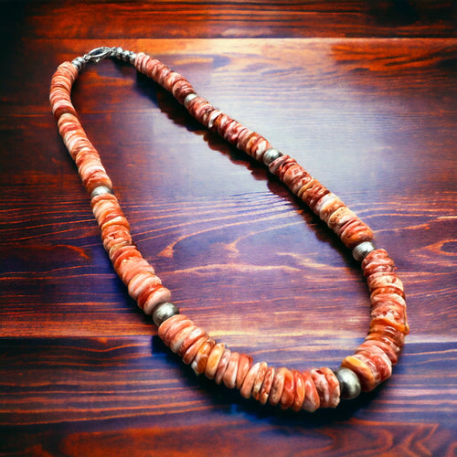 Orange Spiny Oyster and Sterling Pearls Necklace - 19 inch