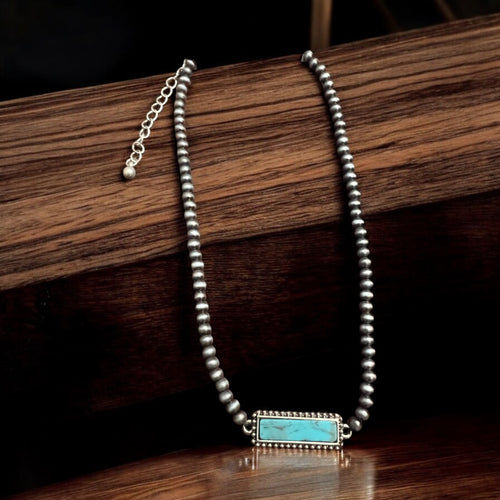 4mm Silver Pearl & Turquoise Stone Choker Necklace - 10 inch