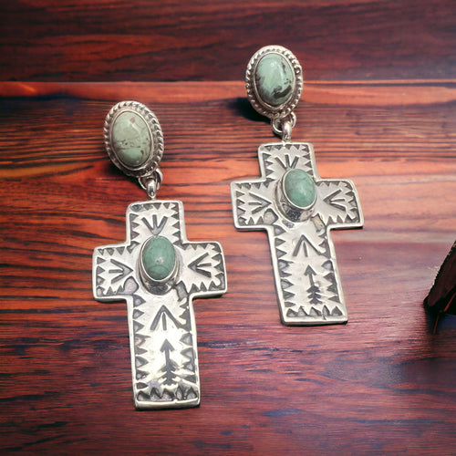 Sterling Hand Stamped Cross and Green Turquoise Post Earrings