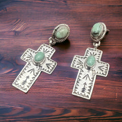 Sterling Hand Stamped Cross and Green Turquoise Post Earrings