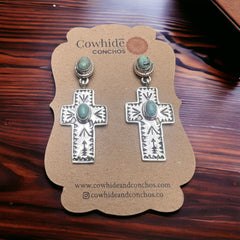 Sterling Hand Stamped Cross and Green Turquoise Post Earrings