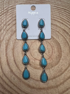 Western 5 Teardrop Shape Faux Turquoise Dangle Earrings - 3 1/2 inch drop