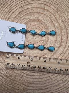 Western 5 Teardrop Shape Faux Turquoise Dangle Earrings - 3 1/2 inch drop