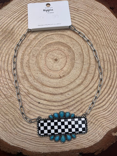 Checkered Bar Necklace with Faux Turquoise - 18 inch necklace