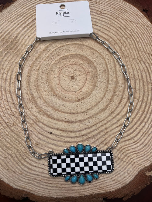 Checkered Bar Necklace with Faux Turquoise - 18 inch necklace