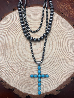 3 Layered Necklace with Faux Turquoise Cross Pendant - 16, 18 and 26 inch