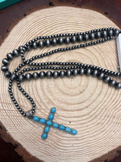 3 Layered Necklace with Faux Turquoise Cross Pendant - 16, 18 and 26 inch