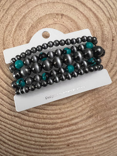 5 for 1 Set of Faux Sterling Pearls Stretch Bracelet with Faux Turquoise Multi Color Stone