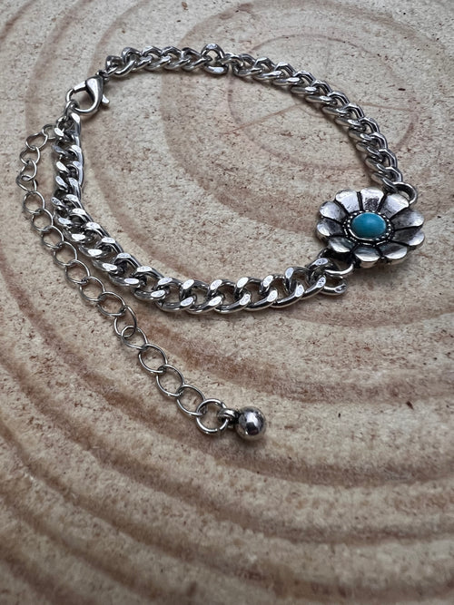 Flower and Faux Turquoise Cuban Chain Bracelet