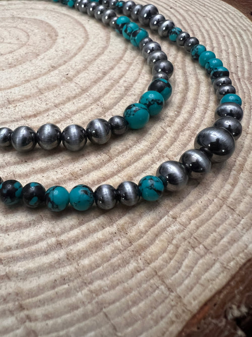 Western Faux Sterling Pearl and Faux Turquoise Necklace - 18 and 22 inch set