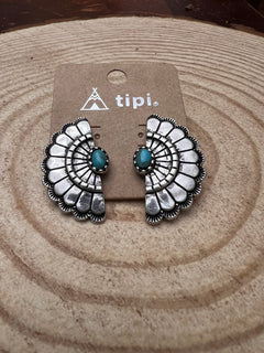 Western Fan Shape Concho and Faux Turquoise Stud Earrings