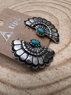 Western Fan Shape Concho and Faux Turquoise Stud Earrings