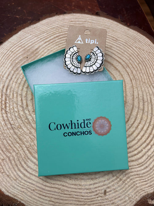 Western Fan Shape Concho and Faux Turquoise Stud Earrings