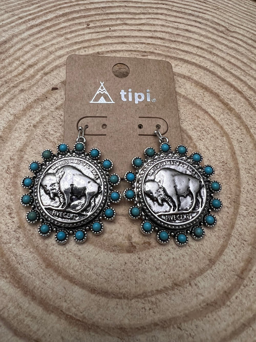 Western Buffalo Coin and Faux Turquoise Dangle Earrings