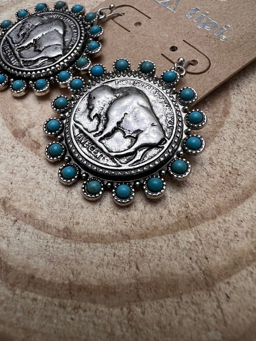 Western Buffalo Coin and Faux Turquoise Dangle Earrings