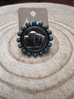 Western Buffalo Coin Cuff Ring with Faux Turquoise