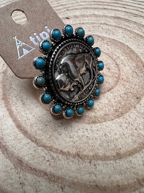 Western Buffalo Coin Cuff Ring with Faux Turquoise