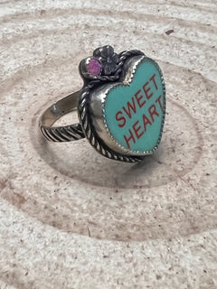 Sweet Heart Sterling Silver & Opal Ring - Size 8.5