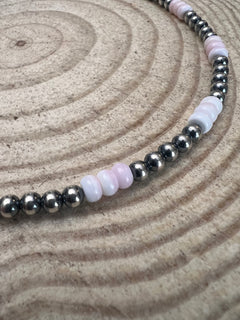 5mm Sterling Silver Pearls necklace with pink conch rondelles - 18-Inch