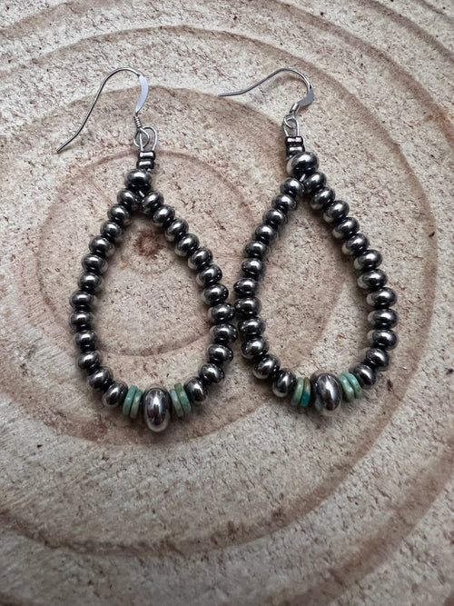 Smaller Sterling SAUCER Silver Pearls earrings teardrop and green turquoise