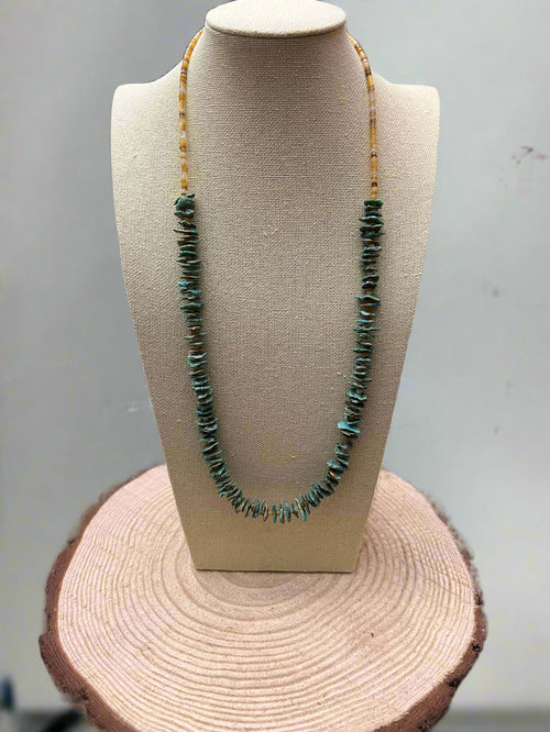 Long green chip turquoise with Orange Spiny Oyster necklace - 28 inch