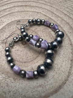 Navajo Pearl Hoop Earrings with Wampum Shell Beads - 1 1/2 inch drop