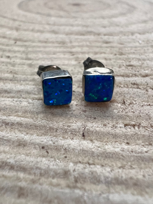 Blue Opal Square Sterling Silver Stud Earrings