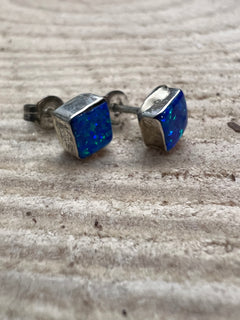 Blue Opal Square Sterling Silver Stud Earrings