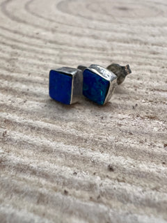 Blue Opal Square Sterling Silver Stud Earrings