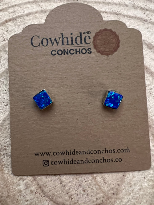 Blue Opal Square Sterling Silver Stud Earrings