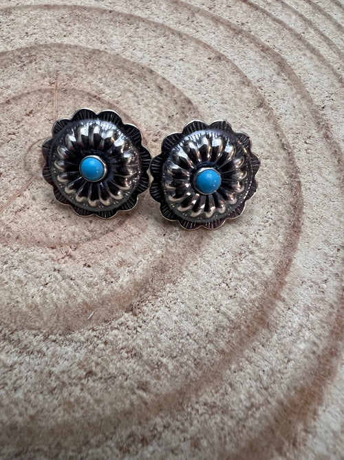 Sterling Silver Concho and Kingman Turquoise post earrings