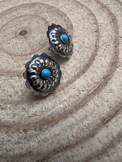 Sterling Silver Concho and Kingman Turquoise post earrings