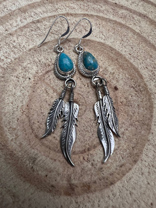 Genevieve Francisco Navajo Handmade Sterling Feather & Kingman Turquoise Earrings - 2 inch drop