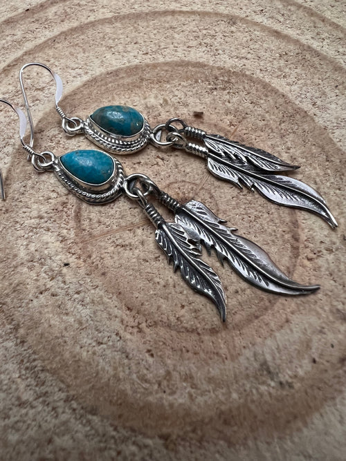 Genevieve Francisco Navajo Handmade Sterling Feather & Kingman Turquoise Earrings - 2 inch drop